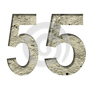Stone numeral five, 5 cut out of white paper on the background of the texture of natural stone close-up, decorative font