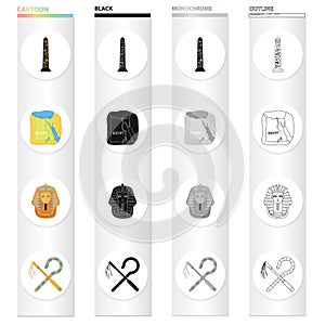 Stone obelisk, map of Egypt, Pharaoh`s mask, wand chain and hook. Ancient Egypt set collection icons in cartoon black