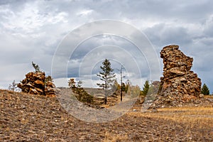 Stone outcrops in the steppe.