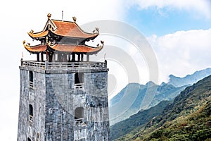 The Stone Pagoda and pavilion in Temple on Fansipan mountain peak the highest mountain in Indochina