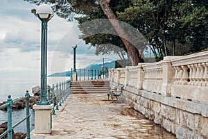 Stone path along the shore in Opatija, Croatia, Europe. No people. Holiday travel destinations around Europe