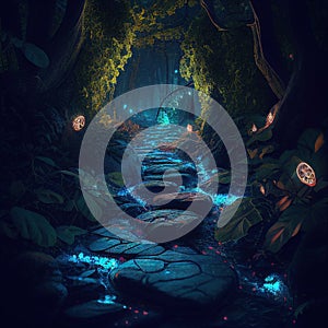 Stone path through bioluminescent fantasy forest generated ai