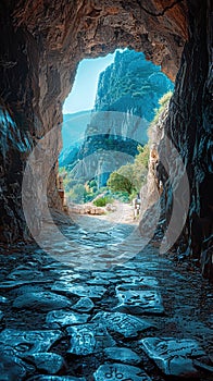 Stone Path Through a Cave with Mountain View
