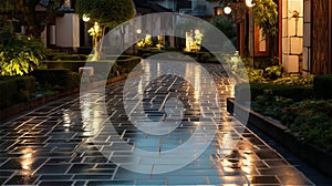 stone path illuminated by street lights on hotel backyard.