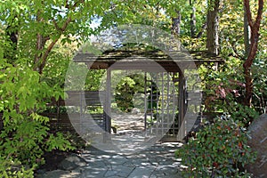 A stone path leading through a Japanese style arbor lined by shrubs and trees in Illinois