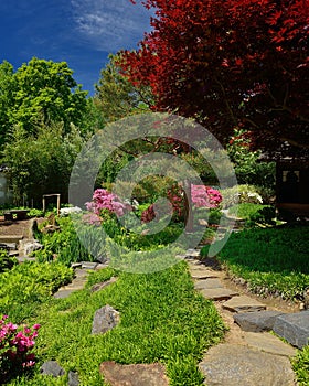 Stone path leading to a japanese gardens