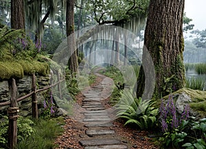 A stone path in the middle of a lush green forest
