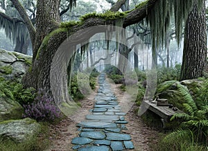 A stone path in the middle of a lush green forest