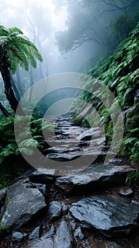 A stone path in the middle of a lush green forest