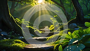 Enchanted Forest Stone Steps bathed in Sunlight