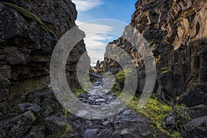 Stone path through Thingvellir National Park in Iceland