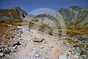 Stone path to Hincove lakes in the High Tatras