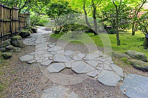 Stone Path Walkway with Bamboo Fence Landscape