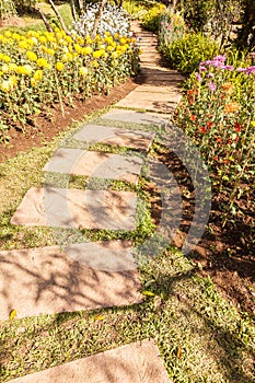 Stone path winding in fresh spring flower garden