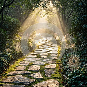 Stone pathway meanders through a lush,