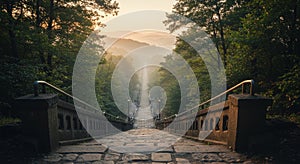 Stone Pathway Through a Misty Forest at Sunrise