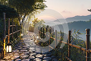 Stone Pathway in Zen Garden at Sunrise