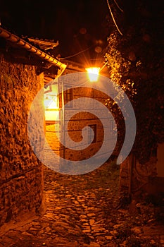 Stone paved alley at night