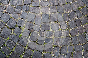 Stone pavement texture. Granite cobblestoned background. Abstract of old cobblestone close-up. Seamless . Prague