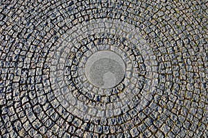 Stone paving in the square folded into circles with a larger tile in the middle of gray granite pavement