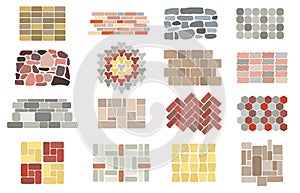 Stone paving tiles. Garden paved floor, pavement stones textures. Tile way in park or city, patio yard surface. Bricks