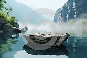 Stone pedestal display on surface of the lake, sky, mountains, forest, greenery in morning, fog, ozone, cool and shady weather.