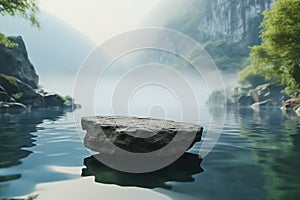 Stone pedestal display on surface of the lake, sky, mountains, forest, greenery in morning, fog, ozone, cool and shady weather.