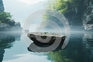 Stone pedestal display on surface of the lake, sky, mountains, forest, greenery in morning, fog, ozone, cool and shady weather.