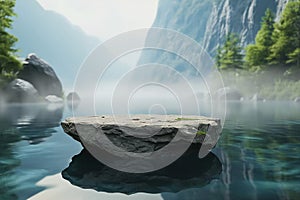 Stone pedestal display on surface of the lake, sky, mountains, forest, greenery in morning, fog, ozone, cool and shady weather.