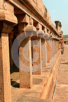 The stone pillar row of surrounded way hall in the ancient Brihadisvara Temple in Thanjavur, india.