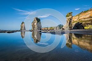 Stone pillars reflecting on the low-tide waters at the Three Sisters and Elephant Rock beach in Tongaporutu in New Zealand