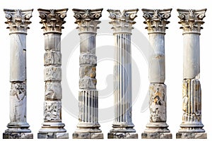 Stone Pillars Set Isolated, Old Roman Columns, Marble Greek Pillar, Rome Greece Architecture