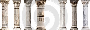 Stone Pillars Set Isolated, Old Roman Columns, Marble Greek Pillar, Rome Greece Architecture