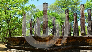 Stone pillers of ancient building in Polonnaruwa, Sri Lanka