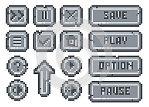 Stone pixel buttons. Retro game asset, 8 bit graphic elements, interactive navigation, menu panel, app interface play, pause and photo