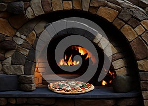 Stone pizza oven and pepperoni pizza close up