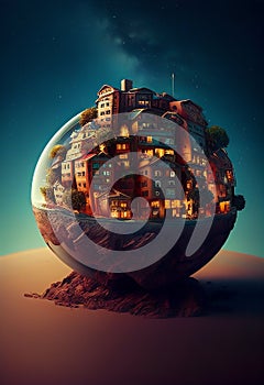 Stone Planet Ball with Many Houses