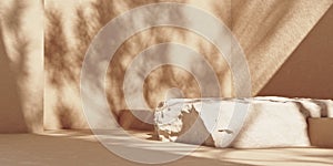 Stone plate podium on beige wall with leaf shadows