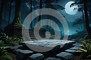 stone platform illuminated by moonlight, setting the stage for an unseen nocturnal battle, surrounded by mystery