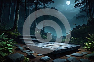 stone platform illuminated by moonlight, setting the stage for an unseen nocturnal battle, surrounded by mystery