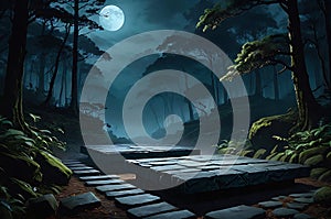 stone platform illuminated by moonlight, setting the stage for an unseen nocturnal battle, surrounded by mystery