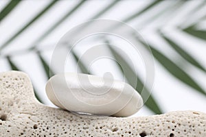 Stone platform podium on gray light copy spase background. Minimal empty display product presentation scene