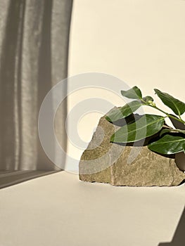 Stone platform podium on yellow light and shadow copy space background.