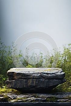 Stone platform, rock podium against a background of green plants in the sun