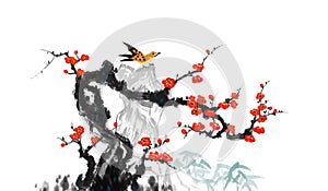 Stone plum flower and bird painting decorative painting