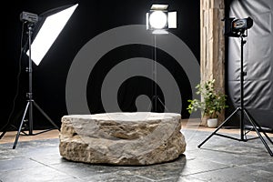 Stone podium isolated on dark wall background