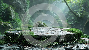 stone podium with green moss on forest background, for advertising eco-friendly products or goods