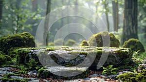 stone podium with green moss on forest background with sunlight, for advertising eco-friendly products or goods, copy space