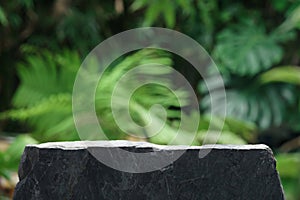 Stone podium table top floor on outdoors blur monstera tropical forest plant nature background.Organic healthy natural product