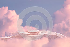 Stone podium tabletop floor in outdoor on sky pink gold pastel soft cloud blurred background.Beauty cosmetic product placement